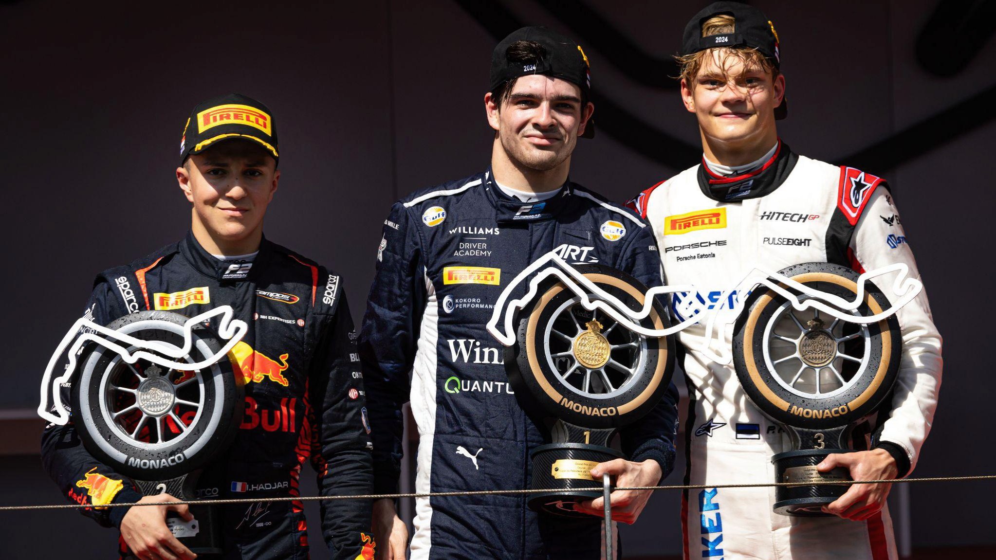 Zak O’Sullivan (centre) won the Monaco F2 feature race ahead of Isack Hadjar (left) and Paul Aron (right)