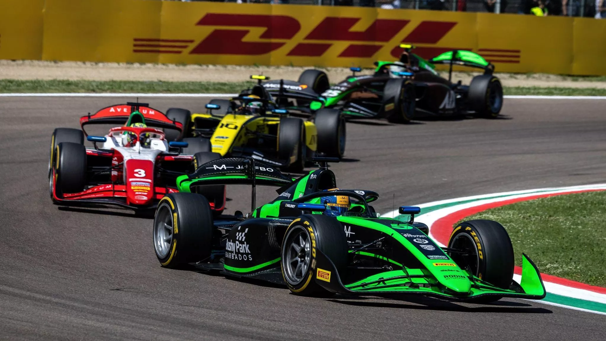 Championship leader Zane Maloney leading Prema’s Oliver Bearman at Imola during the sprint race