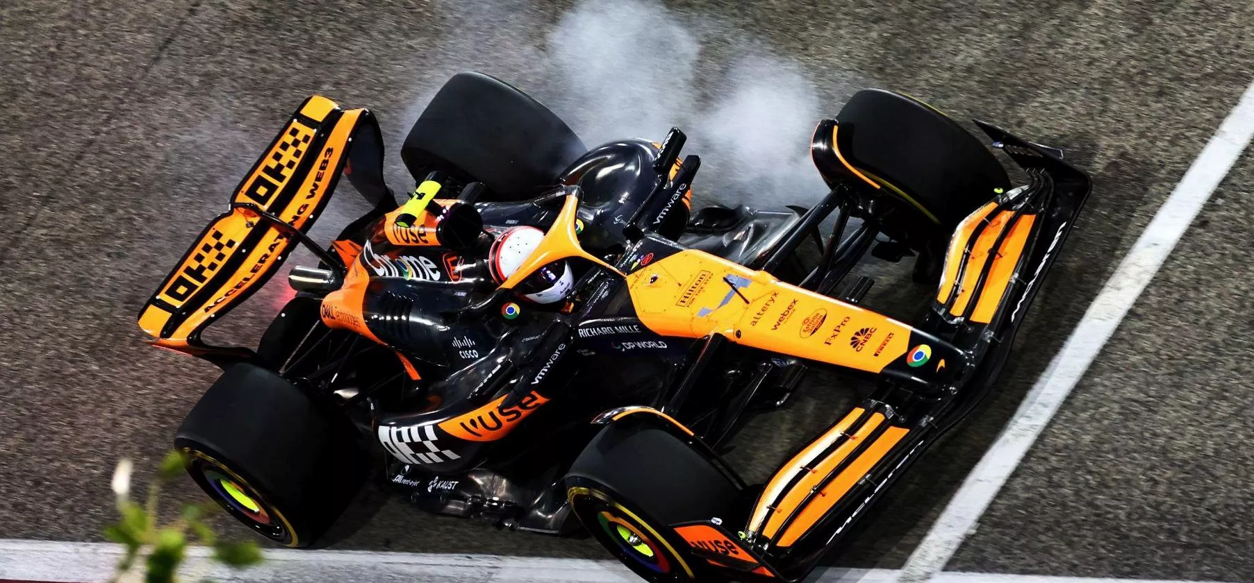 Image of McLaren's Lando Norris locking up under braking