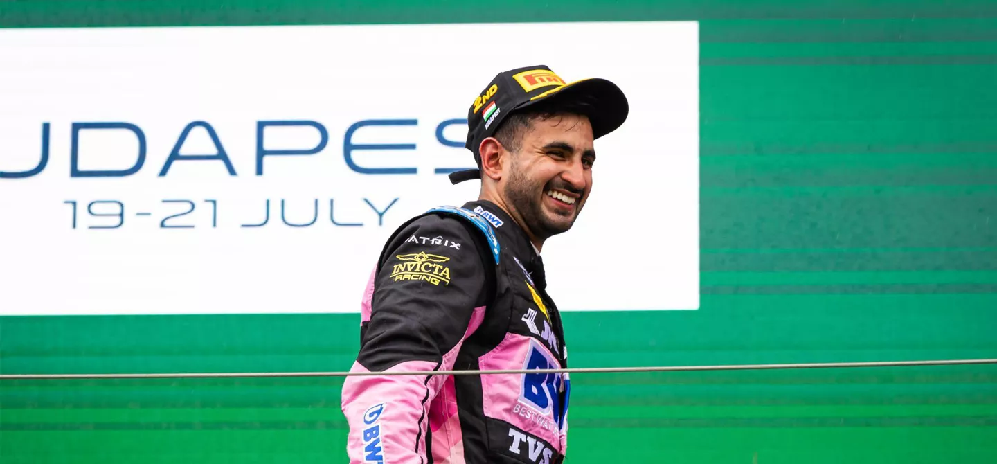 Invicta driver Kush Maini celebrates second in the Hungary F2 sprint race - but he was later promoted to first