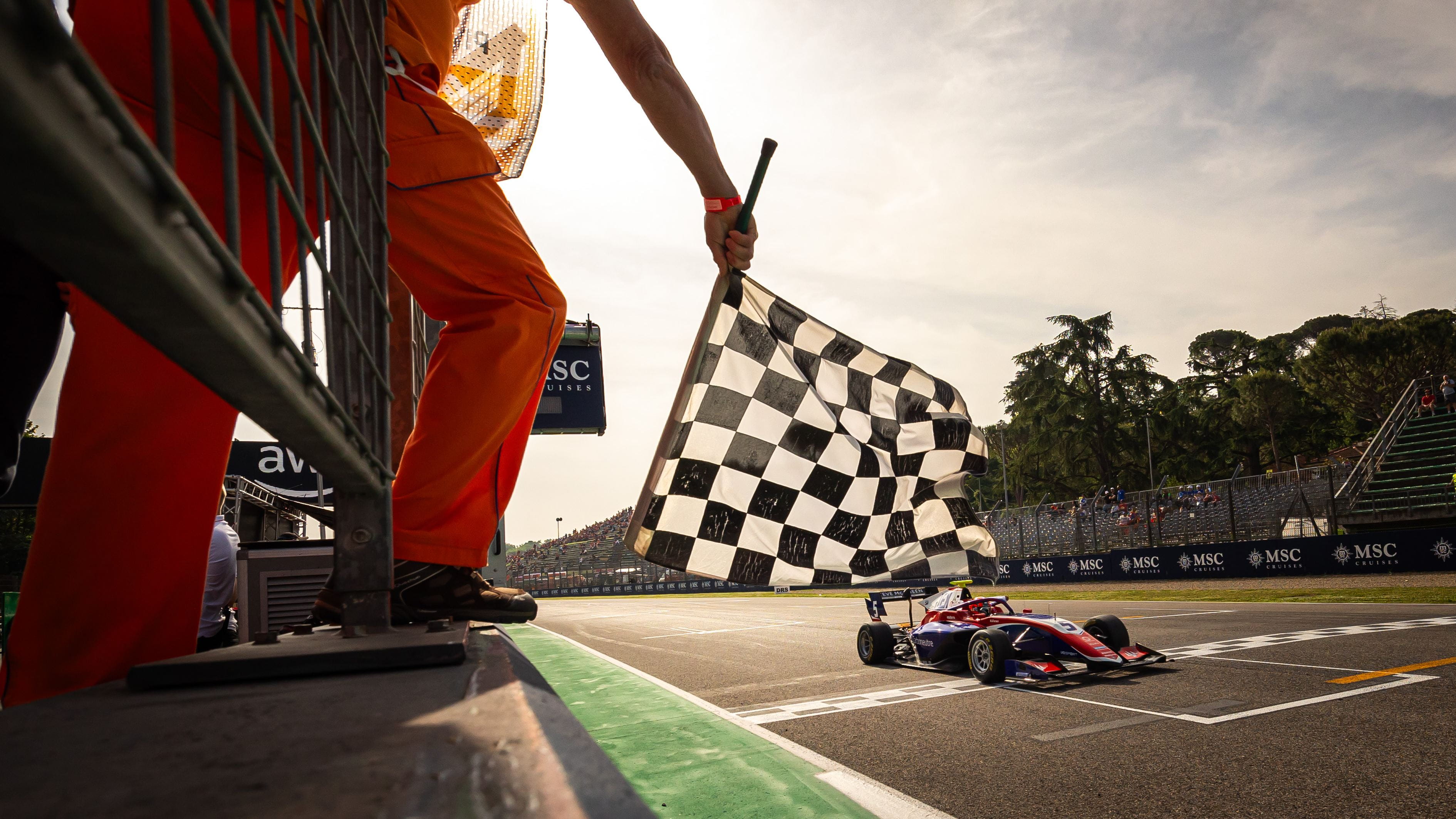 Photo: Race winner Sami Meguetounif (FRA) Trident takes the chequered flag at the end of the race. 19.05.2024. FIA Formula 3 Championship, Rd 3, Feature Race, Imola, Italy, Sunday. - www.xpbimages.com, EMail: requests@xpbimages.com Copyright: XPB Images