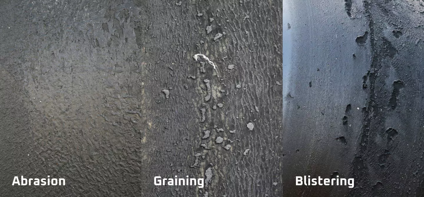 Zoomed in images of the surface of three tyres with abrasion on the left, graining in the middle and blistering on the right