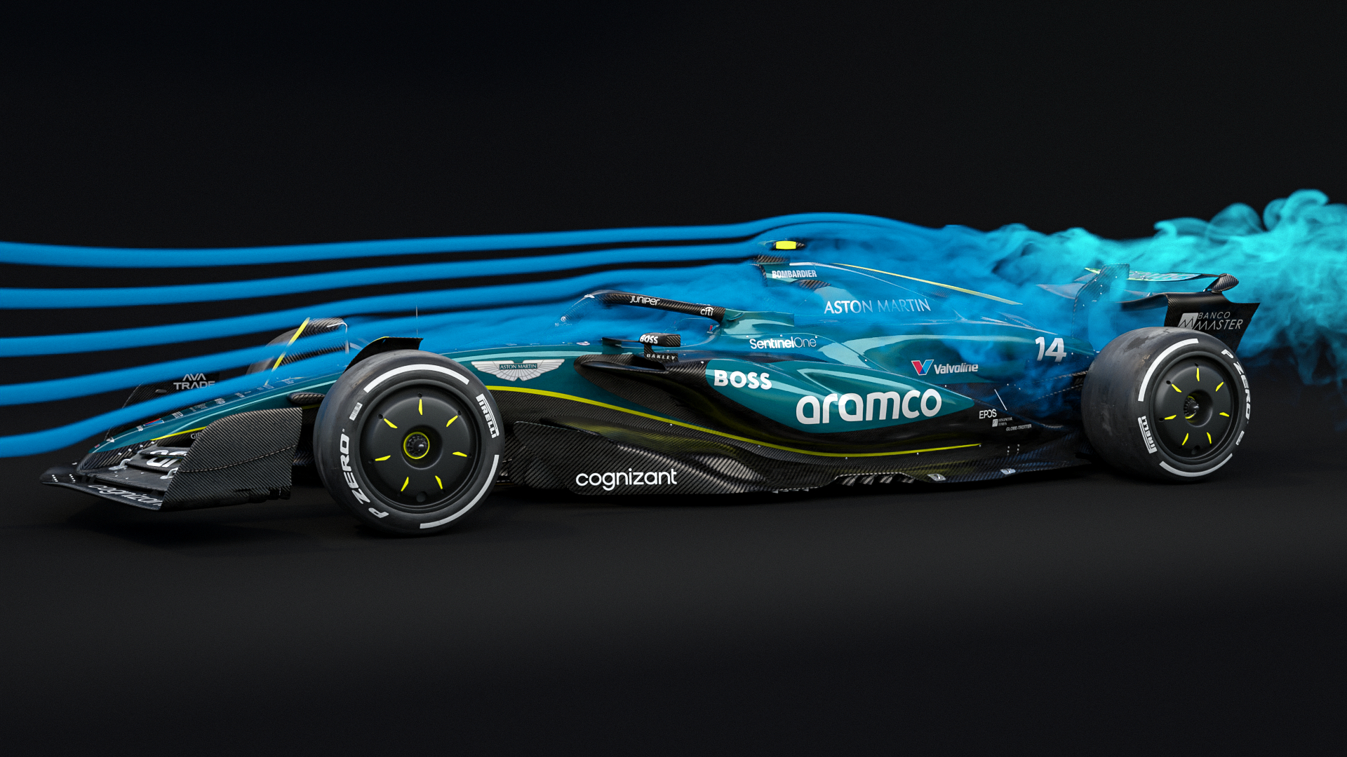 Render of an Aston Martin F1 car in a wind tunnel