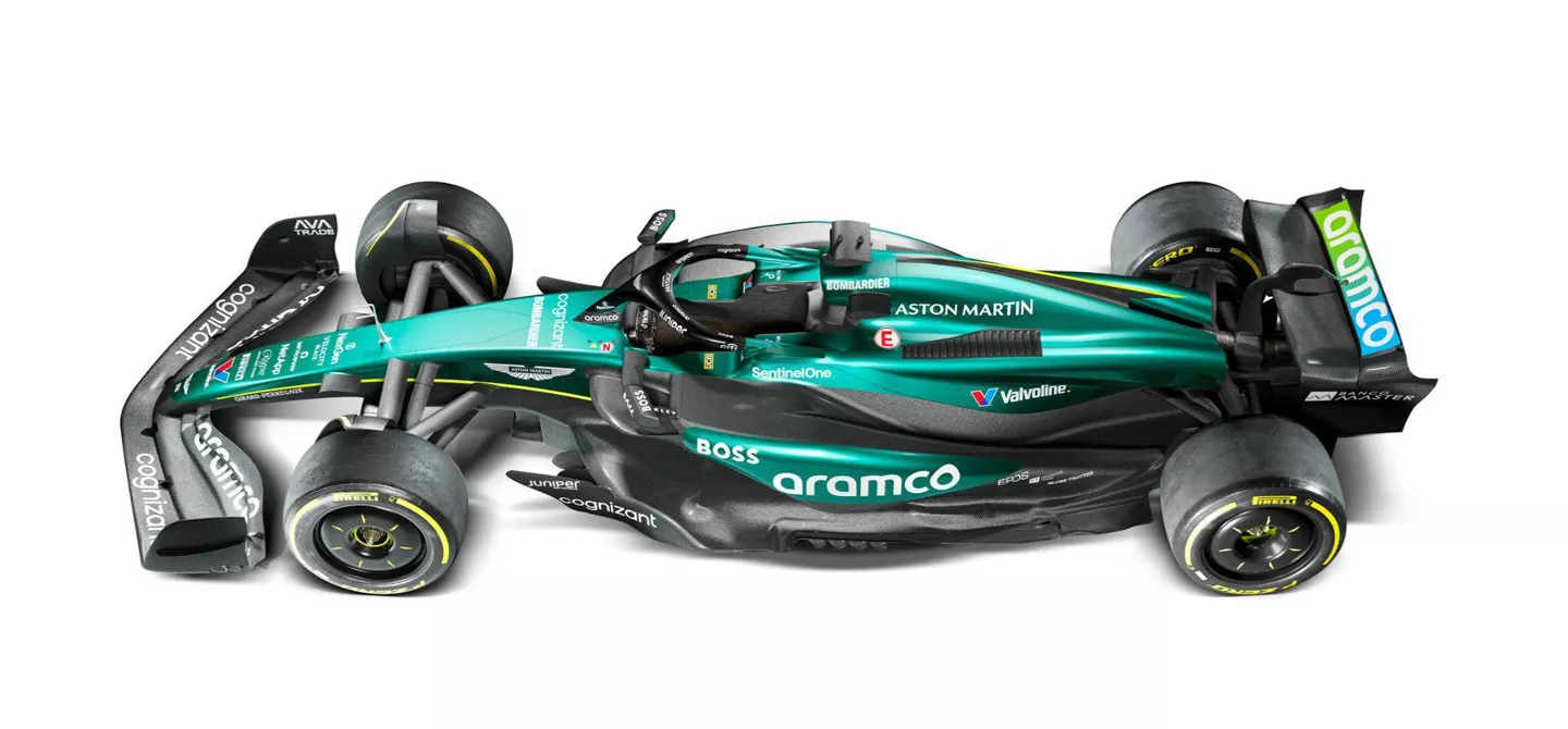 Unpainted areas of the Aston Martin AMR24 include those areas prone to damage such as the wings and floor