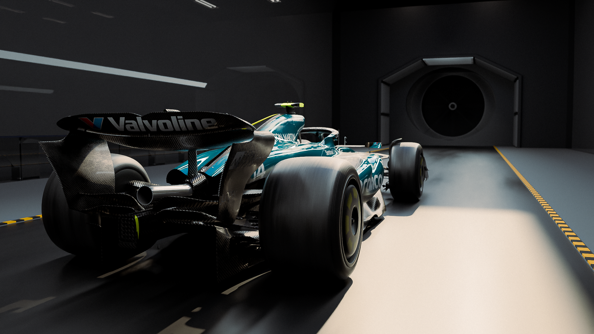 Render of Aston Martin F1 car inside wind tunnel