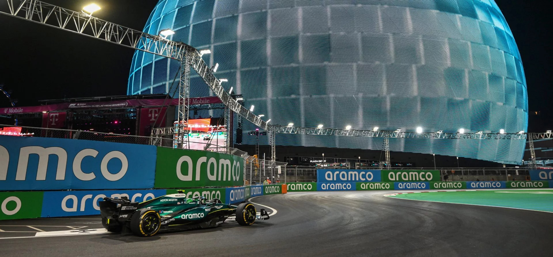 Aston Martin f1 car in Las Vegas with ARamco branding