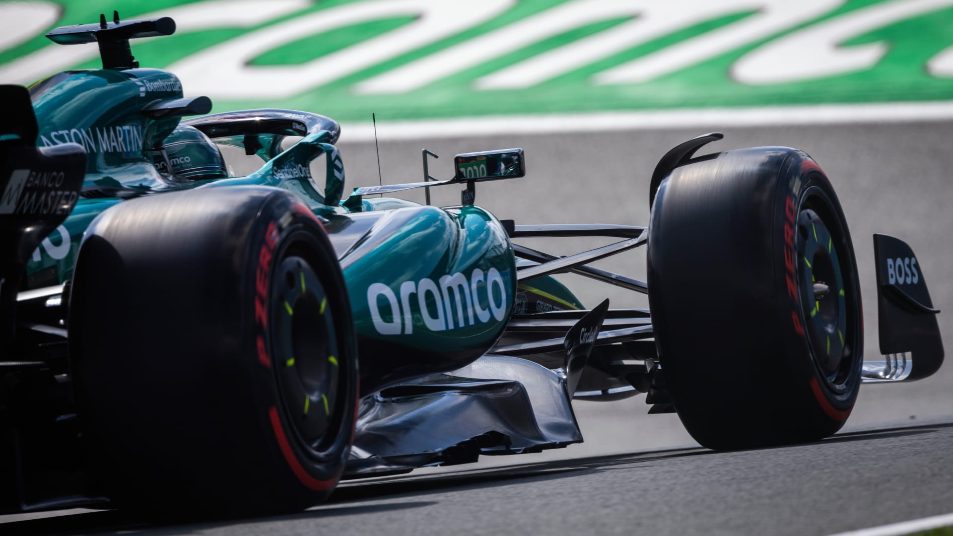 Aston Martin Aramco Formula 1 Team AMR24 F1 car with Aramco logo visible from rear view