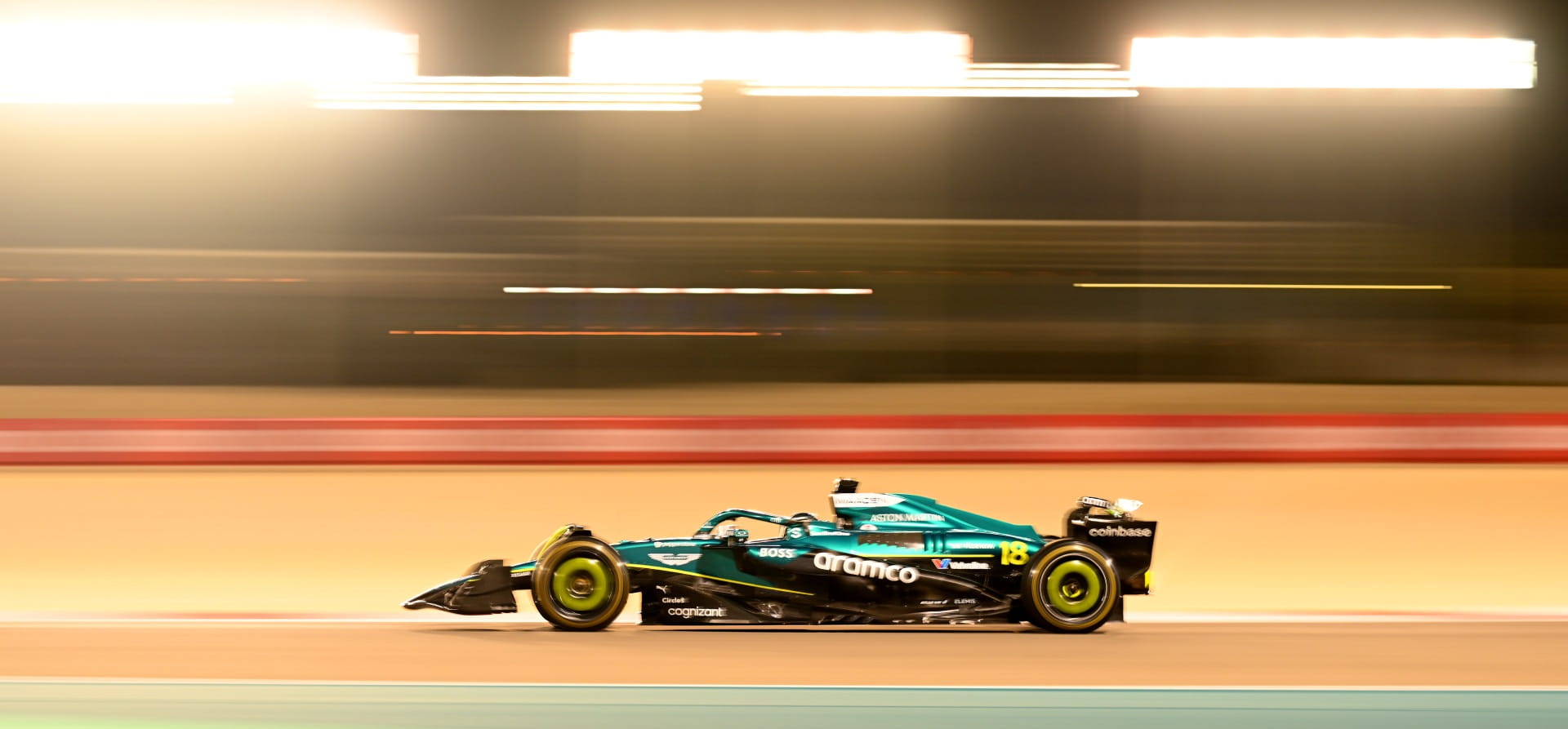 Aston Martin AMR25 under the lights in Bahrain pre-season F1 testing