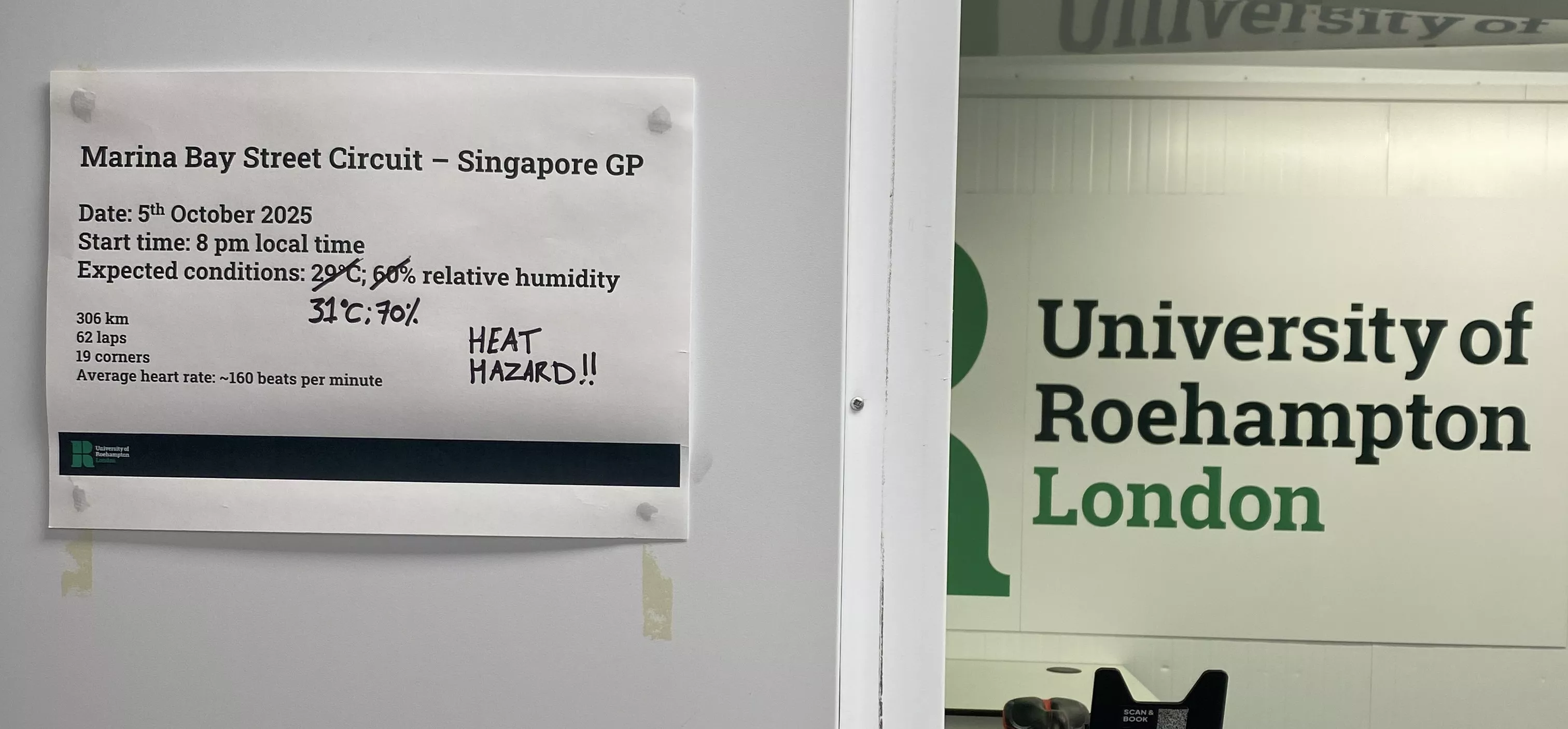 University of Roehampton heat chamber set to 2025 Singapore GP temperature